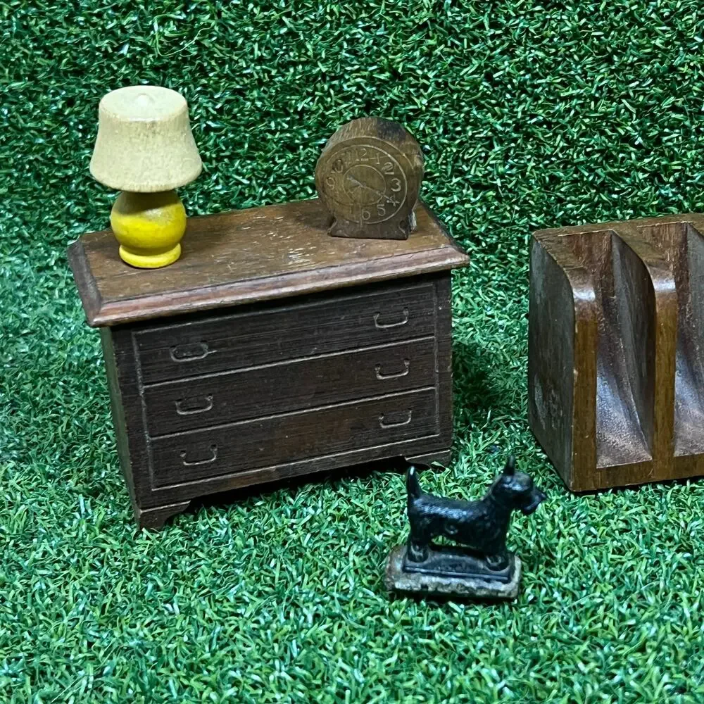 Vintage Wooden Dollhouse Miniature Clock Piano Drawers Dining Set